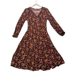 Midi tiered Boho Swing Dress M Burgundy Flora Prairie Cottagecore Peasant